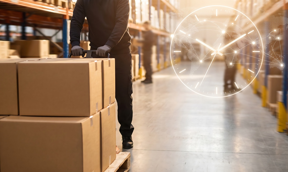 倉庫の通路で荷物を運ぶ作業者と、出荷の締め時刻を示す時計のイメージ